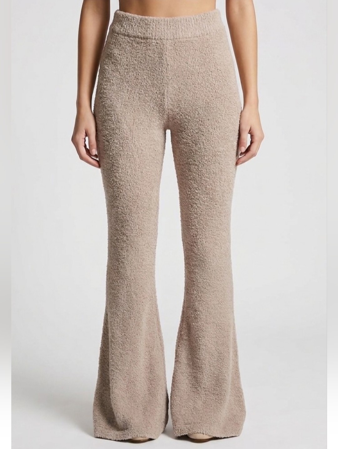 High Waist Wide Leg Flare Pants Bell Bottoms Beige Fuzzy Knit Cozy Tall Girl Xs